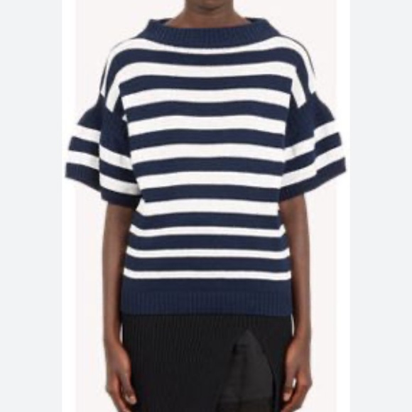 Sacai Luck Navy Striped Ruffle Short Sleeve Sweater Top 2 - Picture 1 of 10